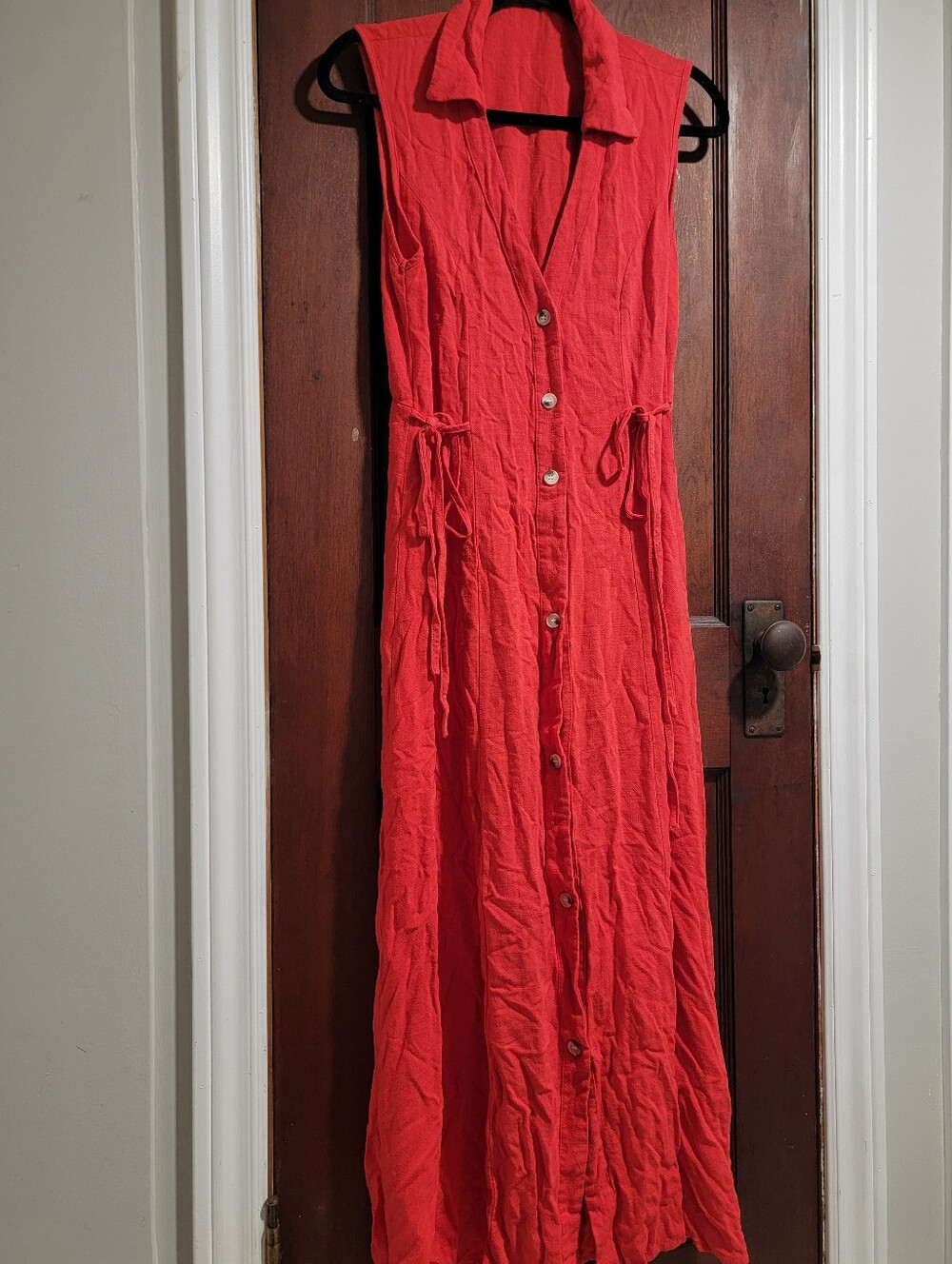 Women’s Cherry Red Button-Front Linen Blend Side Tie-Detail Long Dress